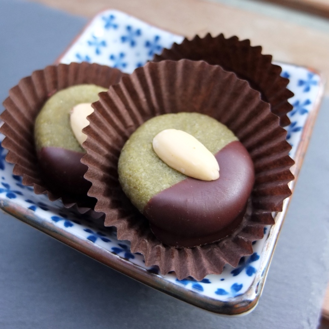 Matcha maple syrup marzipans dipped in chocolate