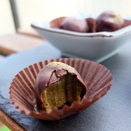 Chocolate-covered matcha date caramels