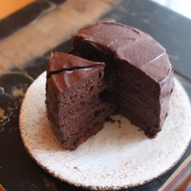 Vegan chocolate layer cake with aquafaba, spelt flour and coconut palm sugar