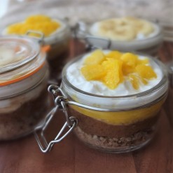 Healthier mangoffee and banoffee pie in a jar