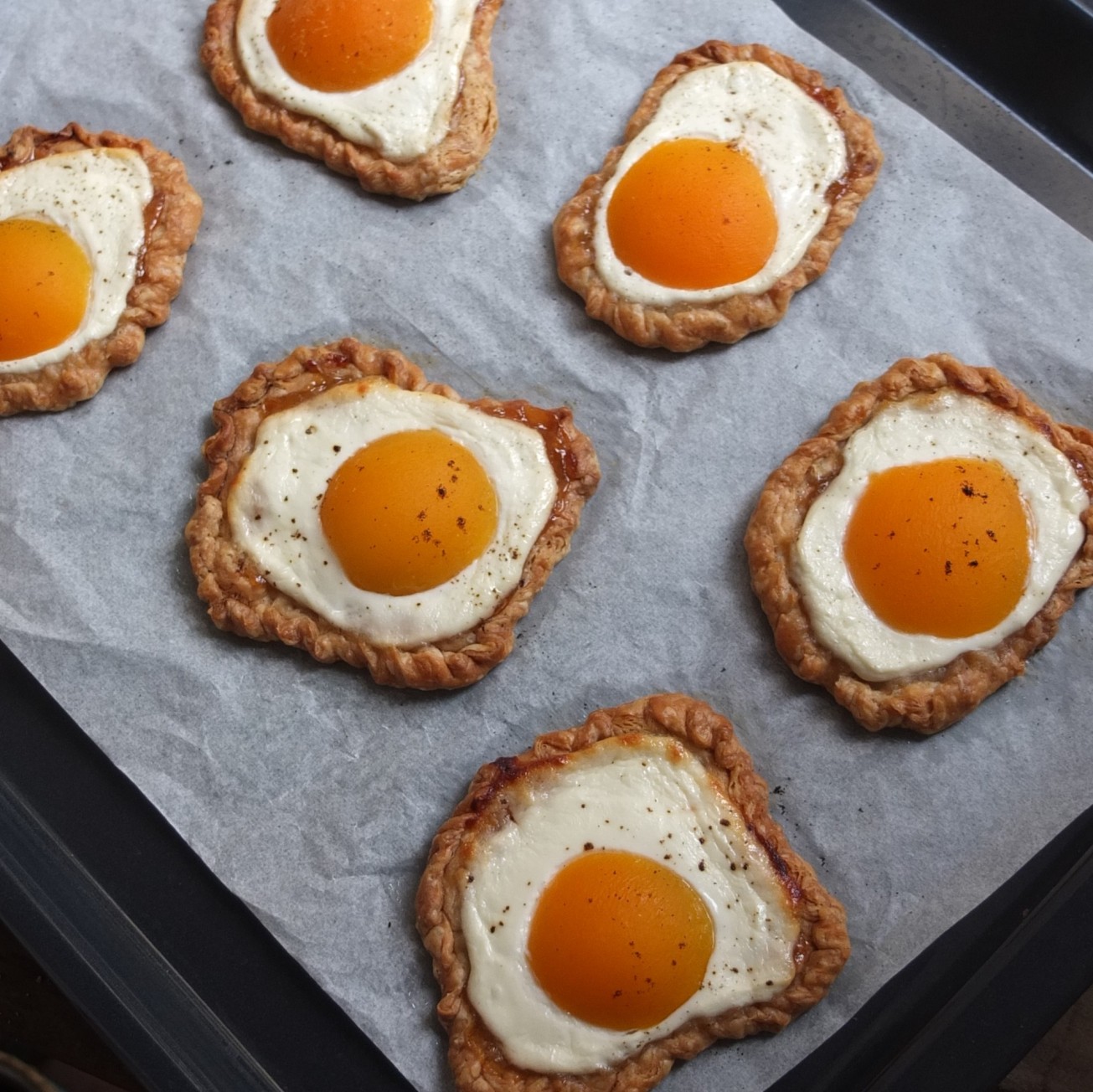 Faux fried egg apricot and quark puff pastries