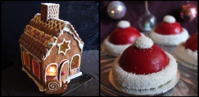 Gingerbread house and santa hats