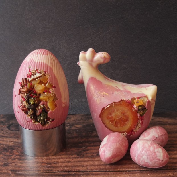 Ruby chocolate hen and eggs