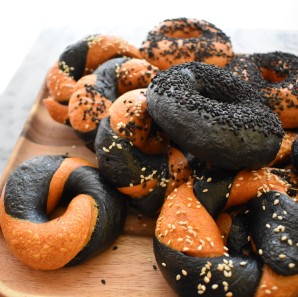 Halloween orange and black sourdough bagels