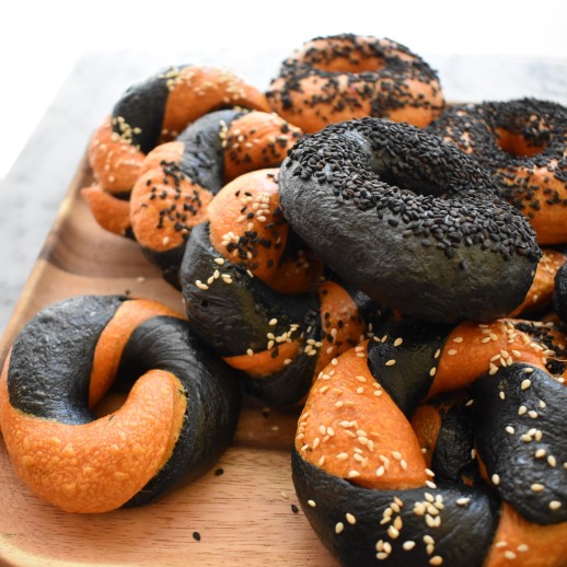 Halloween orange and black sourdough bagels